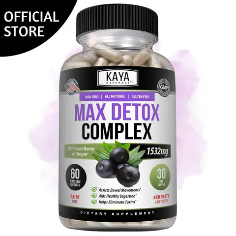 Kaya Naturals Max Detox Daily Dietary Supplement - 100% Natural Herbs Lifestyle Berry Formula for Body Cleanse, Detox Support - 60 Capsules, Healthcare Vitamins & Minerals Supplement, Gut Cleanse Vitamins Supplements