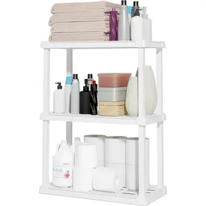 3-Shelf Light Duty Plastic Storage Shelves, 150lb Capacity, 33" H x 24" W x 12" D, Medium Modular Shelving Unit Storage Organizer for Bathroom, Laundry, Garage & Home, Storage Rack - White
