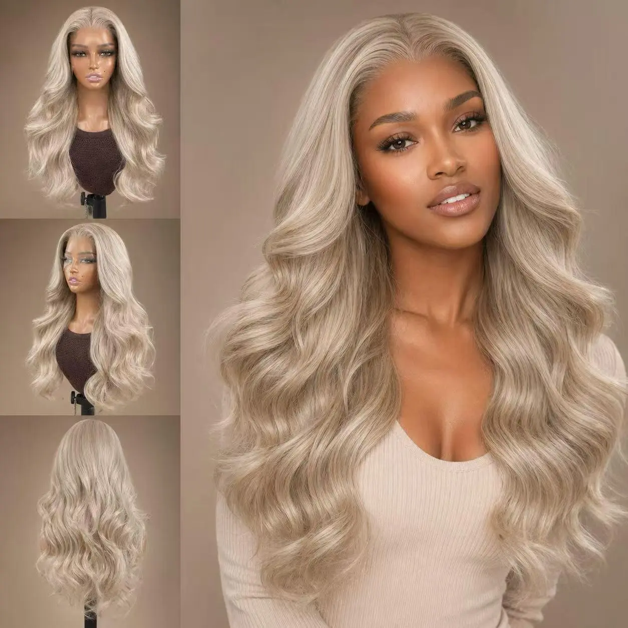 ShineTheory-Full Handmade 13x4 Lace Front Wig Ash Blonde Body Wave Synthetic Hair HD Transparent Lace Pre Plucked Hairline Glueless & Beginner Friendly Premium Fiber Wig for Women