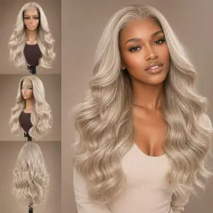 ShineTheory-Full Handmade 13x4 Lace Front Wig Ash Blonde Body Wave Synthetic Hair HD Transparent Lace Pre Plucked Hairline Glueless & Beginner Friendly Premium Fiber Wig for Women