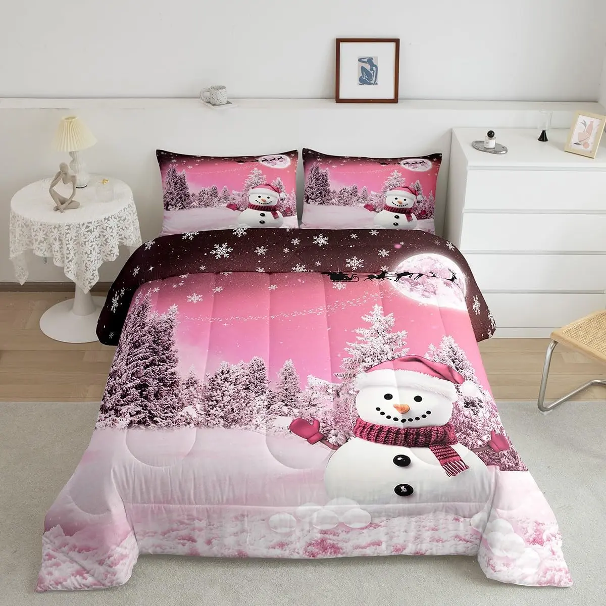 Feelyou 3D Digital Print Christmas Animals Queen Duvet Set - Girly Blush Pink Snowman Bedspread, Soft Warm Lightweight Fabric, Machine Washable, Multi-Size Quilt Set, Decorative Bedding for Comfy Bed Setup, Comfy Bed Sets