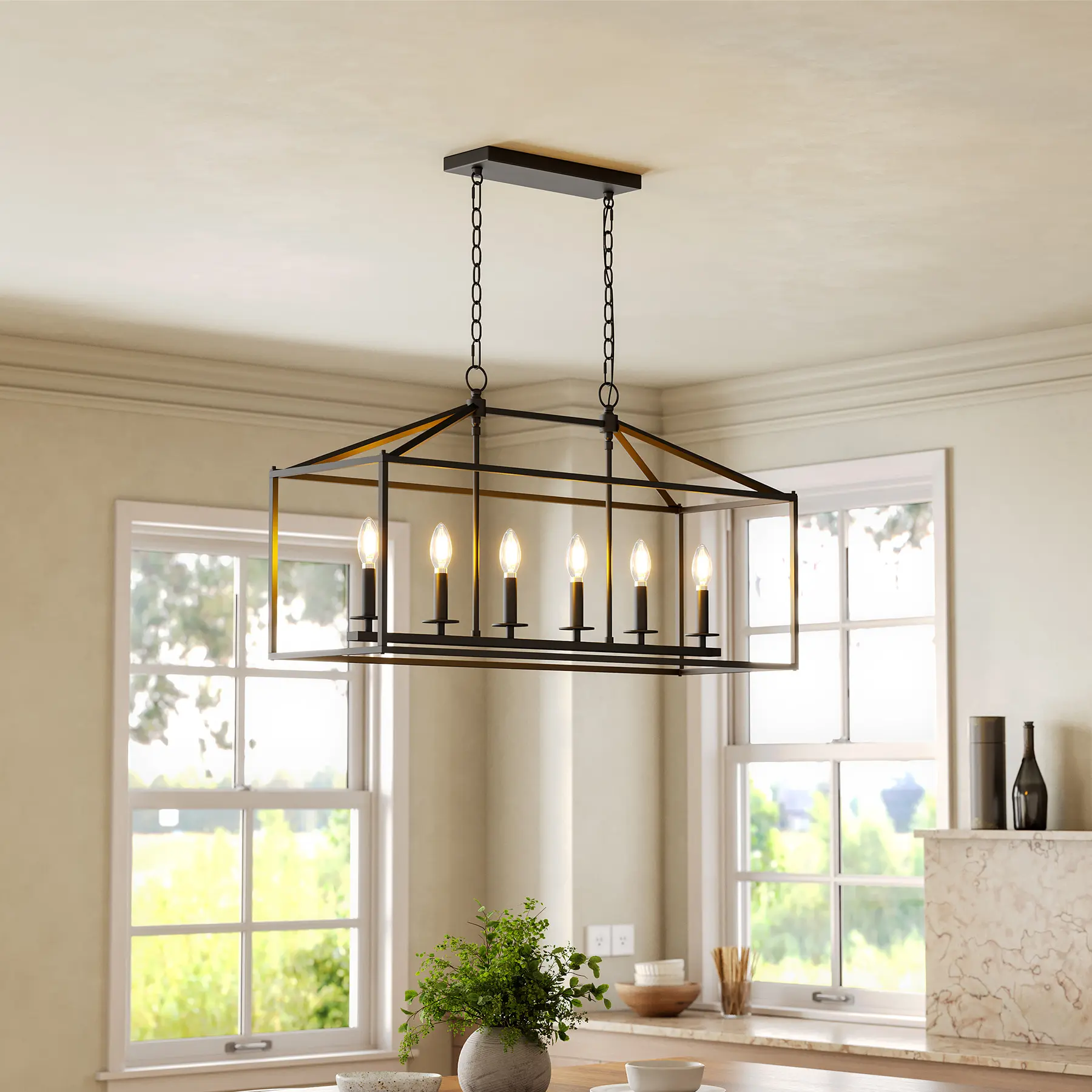 Tribesigns Farmhouse Dining Room Light Fixtures Over Table, 6-Light Candle Holder Kitchen Island Pendant Lighting, Industrial Linear Chandelier Pendant Lights with Adjustable Iron Chain black