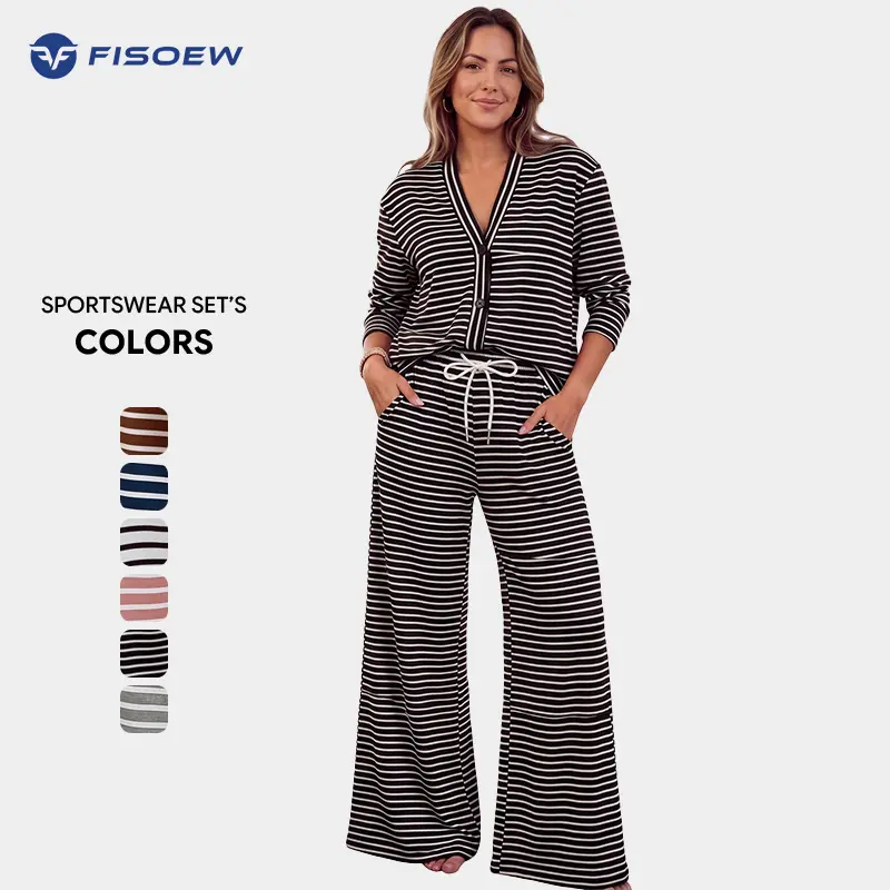 Fisoew Women's 2-Piece Knit Lounge Set, Cozy Casual Sleepwear - V-Neck Button-Up Long Sleeve Striped Cardigan, High Waist Wide Leg Elastic Adjustable Drawstring Loose Fit Pants with Pockets for Travel, Airport