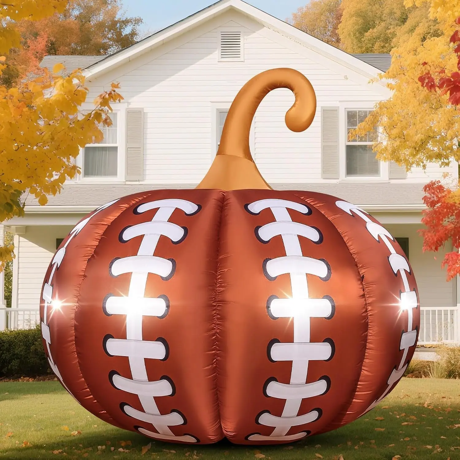 4.6FT Inflatable Pumpkin Outdoor Decorations Football Inflatables Pumpkins Built-in 4 LED Lights Fall Giant Blow up Pumpkin for Halloween Decor Football Sport Fans Party Garden Yard Lawnspooky season decor, spooky yard decor, halloween yard decor, hallowe