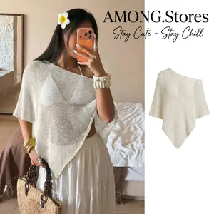Women's Swim Cover Up Knit Top Sheer Mesh Hollow Out Beach Poncho Tunic Shirt Casual Summer Vacation Resortwear Bikini Swimsuit Coverups