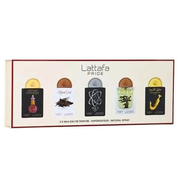 Lattafa Pride Collection No.2 Unisex EDP Multi-Pack Gift Set - Arabian Fragrance Ensemble with Eternal Oud, Woody, Fresh, Spicy Depth Scents, 5x20ml Sprays, Ishq Al Shuyukh Gold Scent, Youth Assorted Box, Edp Spray, Amber Oud Perfume, Aromatic Luxurious S