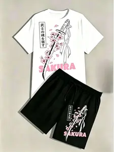 Dark Japanese Style Short Sleeve Top Set, Cherry Blossom Samurai Knife Print, Loose Fit Casual Two-Piece Outfit, All Seasons Wear