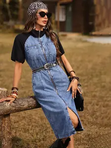 Women's Patchwork Blue Denim Dress, Womenswear Short Sleeve Front Zipper Midi Jeans Skirt, Stylish Casual for Everyday Wear Summer