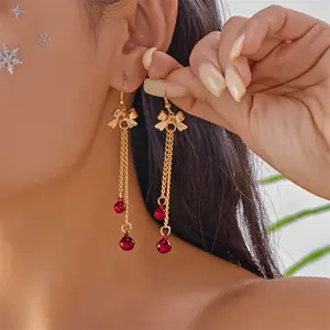 Christmas Red Green Bells Drop Earring For Women Elegant Bowknot Leaf Bell Long Tassel Chain Earrings Girls New Year Gift