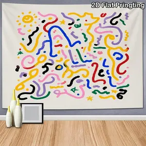 2D Flat, 2D Flat 1pc Multicolor Abstract Graffiti Line and Sun Star Dot Combination Decorative Art Tapestry, Fine Print Design, No-Hole Hanging Design/Can Be Used as Photo Backdrop, Living Room Wall Background/Bedroom Headboard/Studio