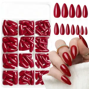 LoveOurHome 240pc Christmas Almond Press on Nails Medium Fake Nail Tips Burgundy Acrylic Nails Press ons Nail Almond Glue on Nail Short Stiletto Fingernail & Glue Adhesive Tabs for Women Girls Kids
