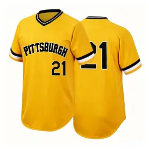 Casual V-Neck Baseball Jersey, Vintage Pittsburgh & Number 21 Print Short Sleeve Top, Lightweight Sportswear for Fans, Athletes and Streetwear Lovers