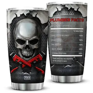 ZOXIX Plumber Facts Stainless Steel Coffee Tumbler For Plumbers Metal Style Insulated Mug With Lid 20oz Handyman Gifts For Men Skull Lovers Plumbing Gag Gifts For Dad And Husband