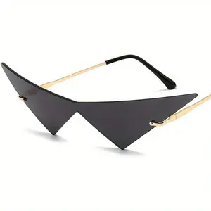 Oversized Cat Eye Rimless Fashion Glasses Women Fashion One Piece Lens Fashion Glasses Female Trend Triangle Eyewear Men UV400(Color:Black)