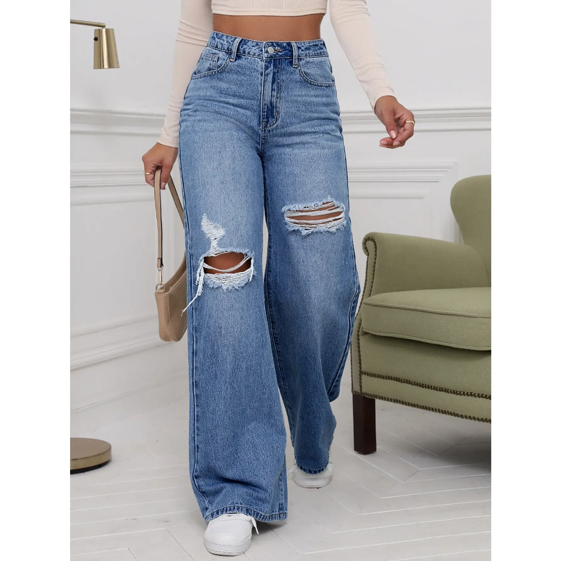SHEIN Ezwear High Waist Ripped Wide Leg Jeans SHEIN
