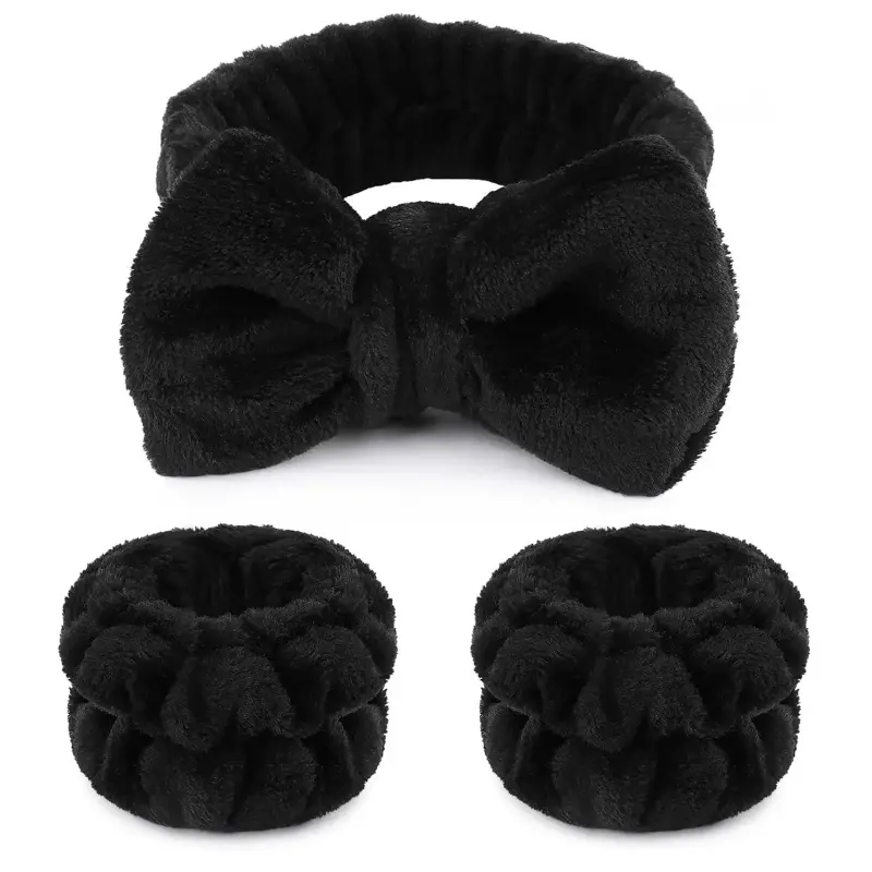 3 Pcs bubble headband Spa Wristband & Headband, Fluffy Bow Tie Microfiber 1 Pcs  Face Headband and 2Pcs Wrist Spa Absorbent Wristbands