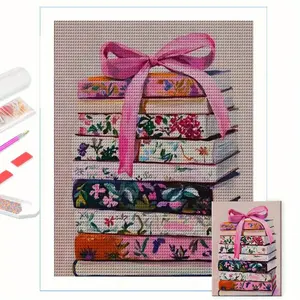 5D DIY Diamond Painting Kit, Stacked Books with Ribbon Bow, Round Drill Acrylic 30cmx40cm/11.8inx15.7in, Frameless Artist Home Wall Decor, Gift for Relatives, Friends, Classmates' Birthday, Holiday, Anniversary, Handmade Gifts