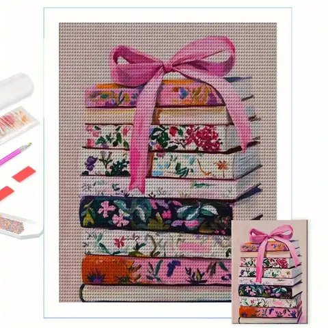 5D DIY Diamond Painting Kit, DIY Kits, Stacked Books with Ribbon Bow, Round Drill Acrylic 30cmx40cm/11.8inx15.7in, Frameless Artist Home Wall Decor, Gift for Relatives, Friends, Classmates' Birthday, Holiday, Anniversary, Handicraft, Handmade Gifts