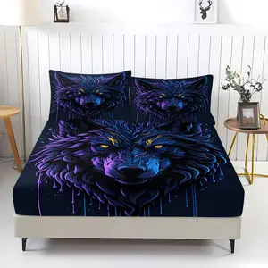 3Pcs Mystical Wolf Fitted Bed Sheets Set, Vibrant Blue and Purple Gradient Design with Fierce Yellow Eyes Bedding Set,  Perfect for Artistic Bedroom Makeover, Cozy and Stylish，Includes 2 pillowcases (pillow inserts not included).