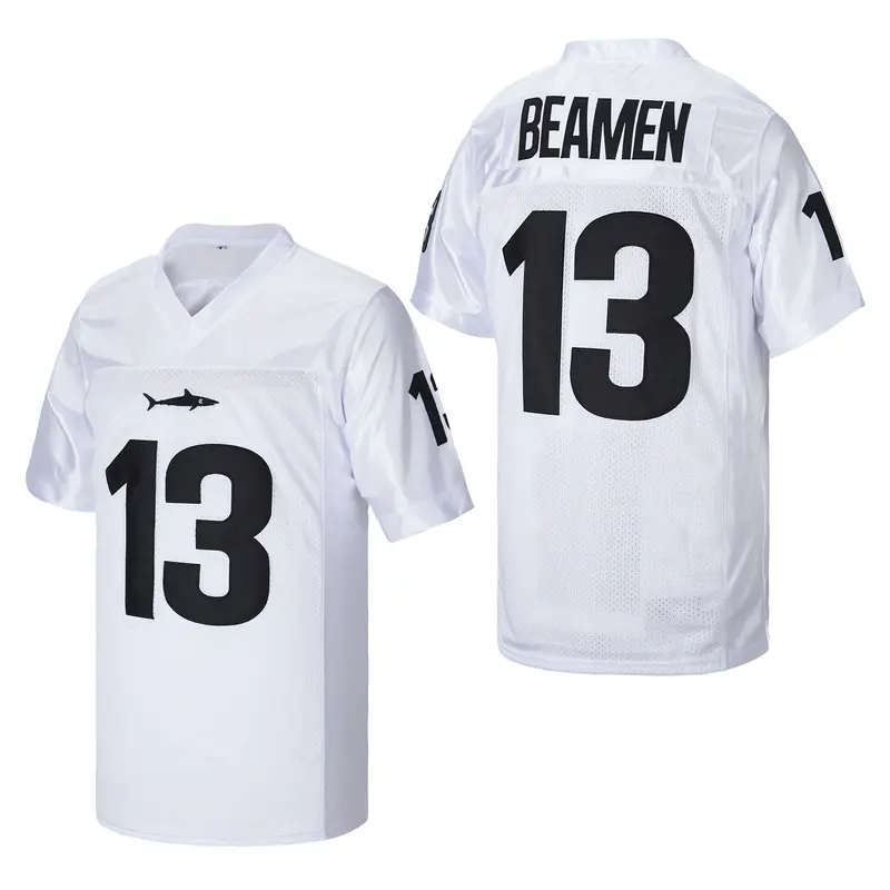 Men's #13 Willie Beamen Any Given Sunday Sharks Replica Embroidered V-Neck Short Sleeve Moisture Wicking Breathable Striped Football Shirt, Jersey Top, Embroidered Sportswear Top, Apparel Jersey, Athletic Wear