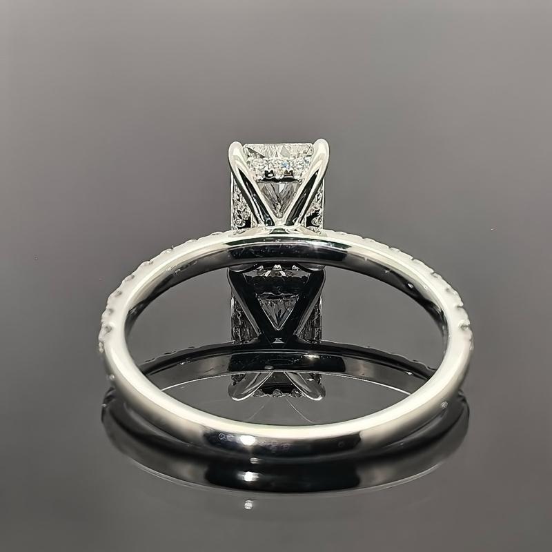 1-5ct radiant cut diamond  diamond band hidden halo moissiniate sterling silver 14k gold plated engagement ring