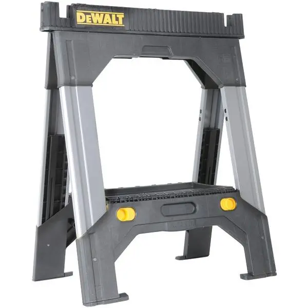 Dewalt DWST11031 Adjustable Leg Sawhorse (1 Pair) - Construction Tool Accessory, 14.7 lbs, 27.20in x 2.20in x 32.70in, High-Quality Metal-Plastic Build, Rubber Inserts, Slide Mechanism, Ideal for Uneven Surfaces, Lumber&Pipes