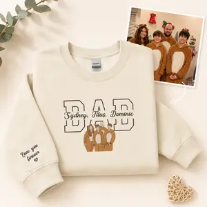 Custom Embroidered Dad Hoodie with Kids Names on Sleeve, Embroidered Portrait Shirt Family, First Father's Day Gift, Varsity Papa Crewneck Sweatshirt, Girl for Dad Daddy, Grandpa