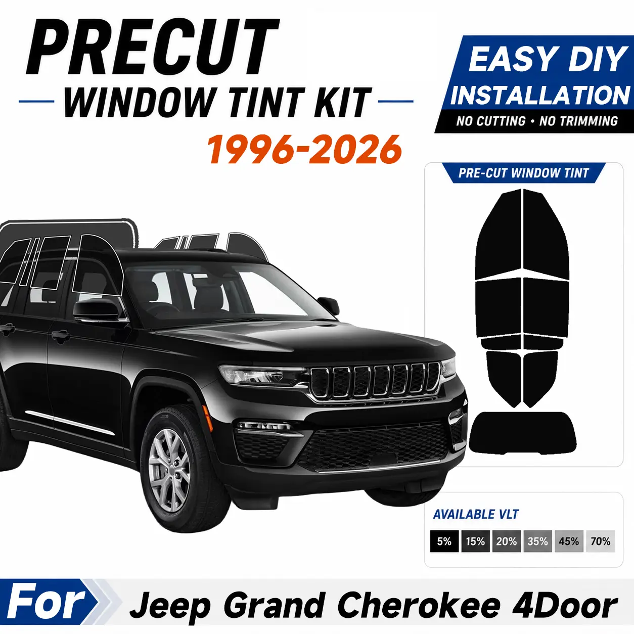 Precut Window Tint Film for Jeep Grand Cherokee 4Door 1996-2026 All Side+Rear Windshield Any VLT 2Ply Anti-Shatter, UV Block, Privacy Protection, No Trimming Needed,Heat & Glare Reduction