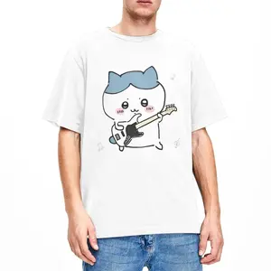 Chiikawa Hachiware Play Guitar T-Shirt Beach Awesome T Shirts 100% Cotton Harajuku Tshirt For Men's Short Sleeve Printed Tees BK-1163