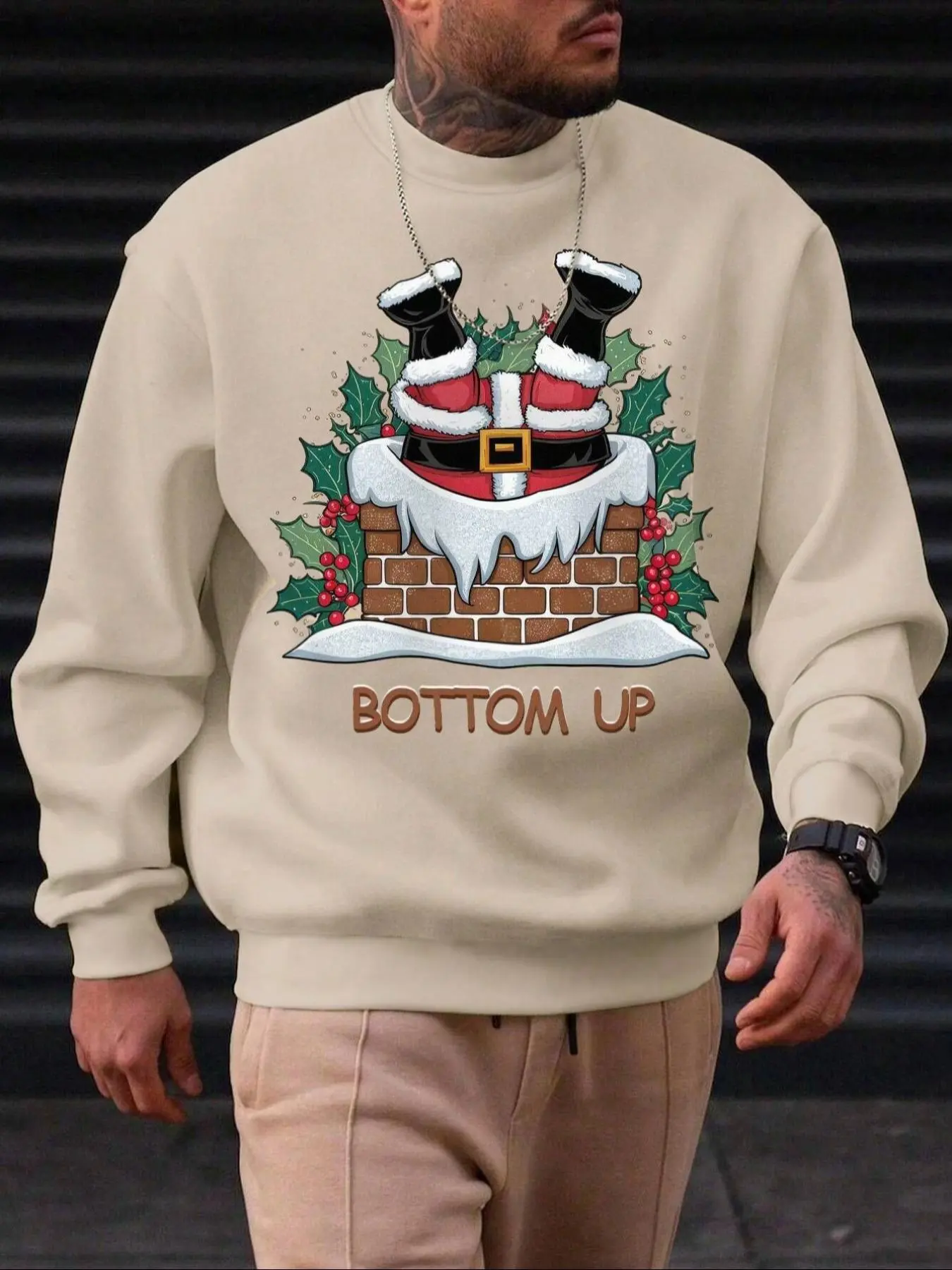 Men's Regular Fit Letter Print Santa Claus Pajama Top, Casual Soft Comfortable Long Sleeve Crew Neck Pullover for Fall & Winter, Men's Sleepwear for Indoor Wear