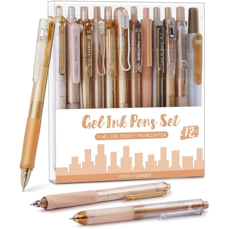 Four Candies Rose Series Gel Pens Set of 12 with 10 Black & 1 Pink Ink 0.5mm Fine Point for Smooth Writing School Office Supplies Girly Aesthetic Desk Accessories for Women Christmas Gift, Adults and Artists, Nurse Aesthetic