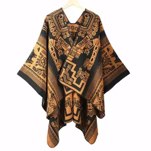 Vintage Trend Statement Slit Shawl Women's European and American Warm Cape Thickened Shawl with Aztec Pattern