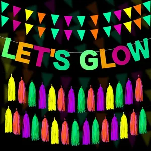 Neon Party Supplies Includes Let's Glow Banner 20 Pieces Neon Paper Tassels and Neon Triangle Flag Glow in The Dark Party Supplies Bunting Party Hanging Decorations for Halloween Birthday Party