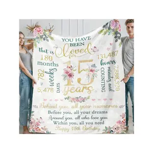 1pc 15 Year Old Gifts Birthday Blanket 50x60 -15th Birthday Gifts - Quinceanera Gifts - Gifts 15 Year Old - 15th Birthday Decorations Throw, Soft And Comfortable Blanket, Birthday Mother's Day Size 70x140cm/27. 56x55. 12 In