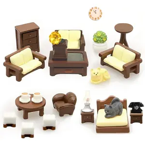 23pcs Brown Dollhouse Mini Furniture Kit Decoration DIY Accessories Including Dining Room Sitting Living Bedroom Set Toys for Baby Boys Children Girls Dollhouse Accessories