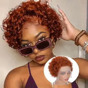2025 NEW Wholesale Ginger Orange Curly Pixie Cut Wig Human Hair 6 Inch Short Curly Lace Front Wigs Human Hair 13x1 Pixie Cut HD Lace Short Curly Wigs For Black Women150% 350 halloween