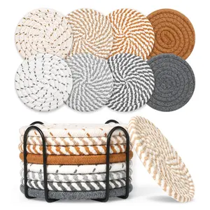 8 Style Drink Coasters with Holder, Absorbent Coasters for Coffee Table, Minimalist Cotton Woven Coaster Set for Home Decor Tabletop Protection Suitable for Kinds of Cups, 4.3 Inches.