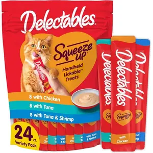 Delectables Squeeze Up Variety Pack, Creamy Squeezable Puree, Lickable Wet Cat Treats, Grain Free, No Added Fillers, No By-Products, No Added Preservatives, 0.5 Ounces Tube, 24 Tubes Total