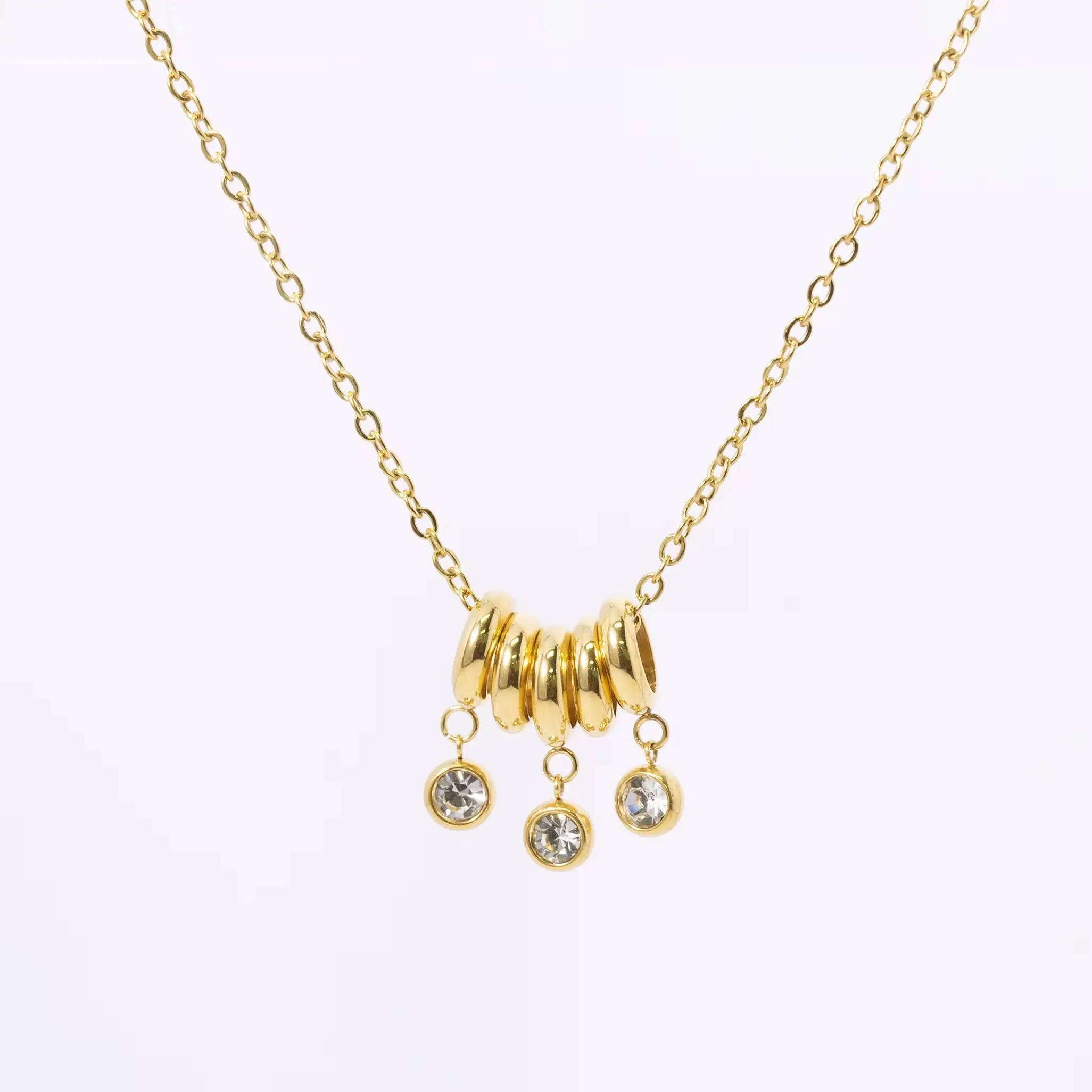 18K Gold Plated Stainless Steel Five Ring Zircon Pendant Necklace 