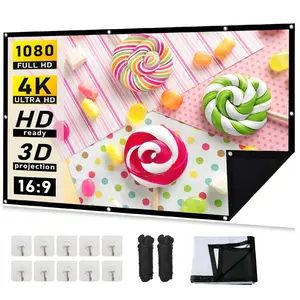 100 Inch 16:9 Portable Projector Screen, 1 Box 4K Full HD Opaque Projector Screen with 10 Adhesive Hooks & Outdoor Rope, Suitable for Home Theater Outdoor Indoor Office, Audio, Home Cinema Projector