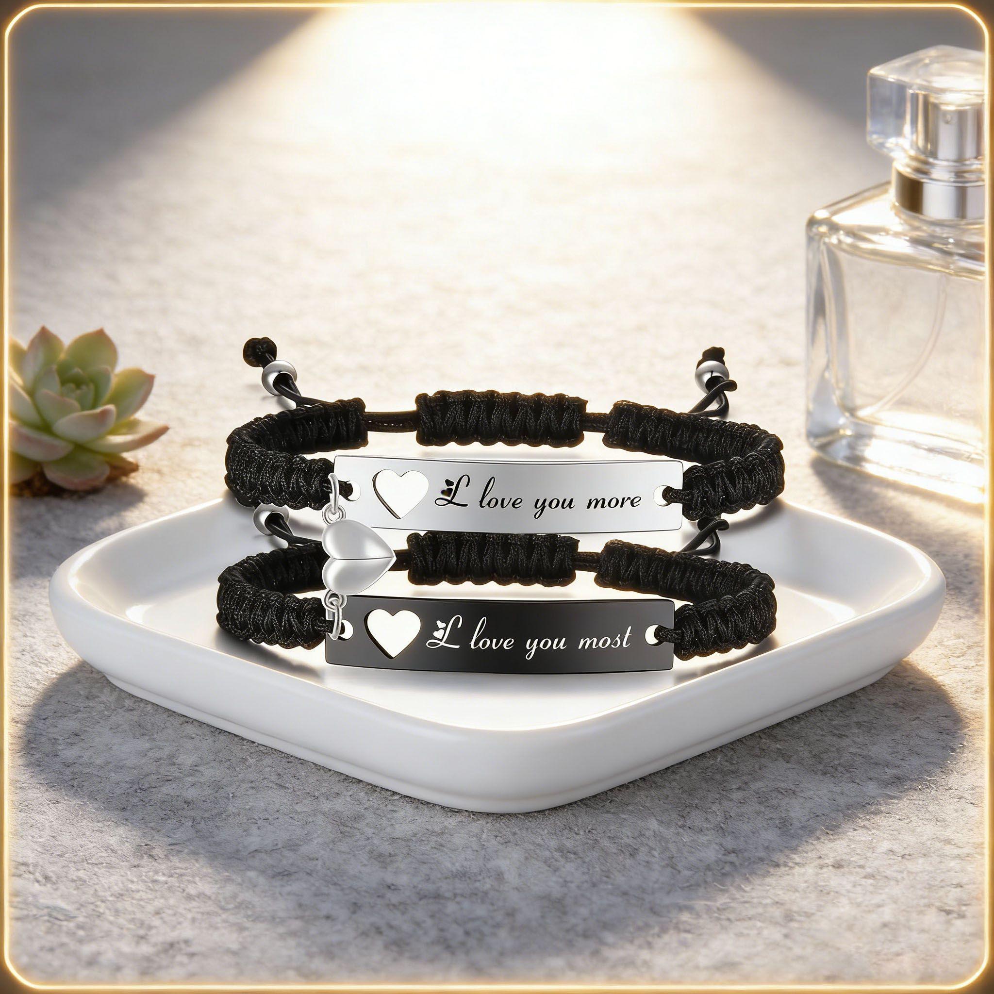 Magnetic Heart Matching Couples Bracelets - Adjustable Braided I Love My Boyfriend Girlfriend Long Distance Bracelets, Lovers His Hers Relationship Promise Bracelet Jewelry Anniversary Valentine‘s Birthday Gifts