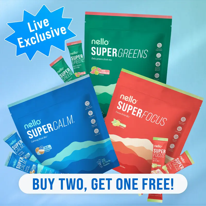 [LIVE] Nello Super Bundle Travel Packets: 1 Supercalm (Pack of 20) + 1 Superfocus NO CAFFEINE (Pack of 20) + 1 Supergreens (Pack of 20)
