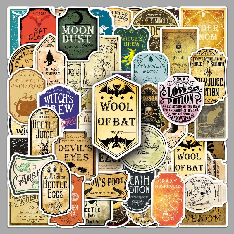 50PCS Vintage Apothecary PVC Stickers - 100% Waterproof, 2-3 Inches Dark Aesthetic Character-Based Mobile Phone Accessories for Smartphone, Cellphone, Handheld Devices, Wine Bottles, Witchcraft Halloween Props