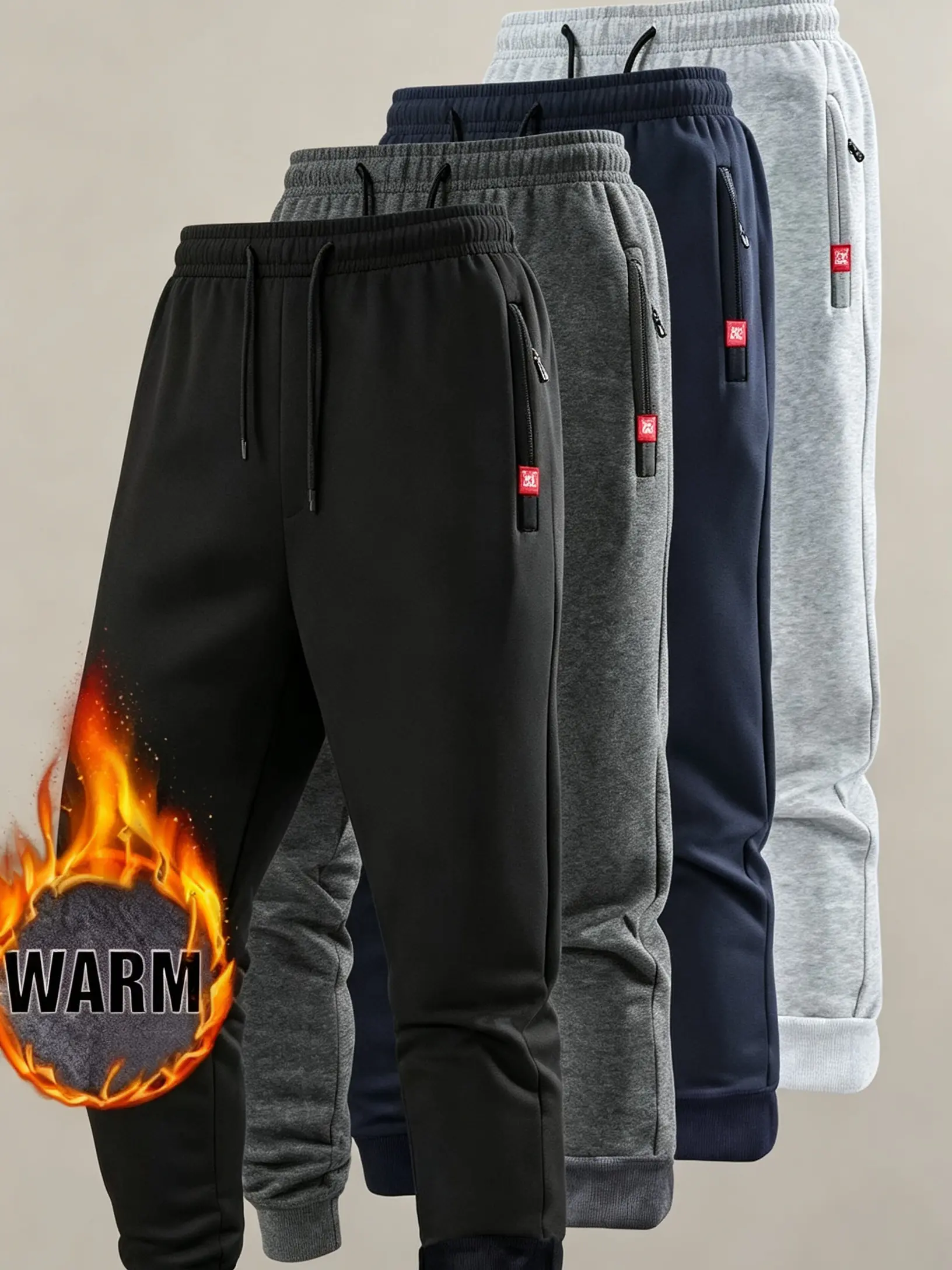 Men’s 3-pack fleece-lined jogger sweatpants — basic solid-color polyester cold-weather long pants with a thick, warm lining; men’s athletic joggers for casual streetwear bottoms