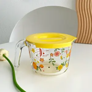 Floral Glass Measuring Cup Set, Kitchen High Borosilicate Heat Resistant Non-Slip Handle, Microwave Safe with Graduations for Baking & Cooking