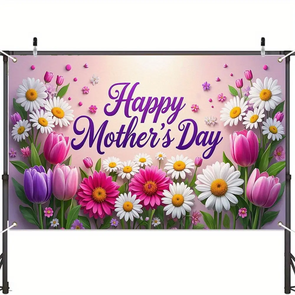 Reusable 2D Flat Tulip Daisy Floral Backdrop, 1PC Polyester Happy Mother's Day Photography Prop Banner, Home & Festive Decorations Supplies for Photo Booth Use