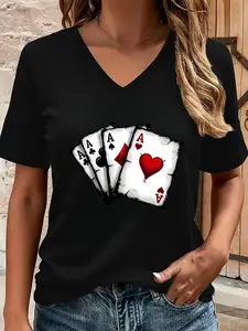 Women's T-Shirt with Poker Print, V Neck Design, Short Sleeve, Casual Fitted Top for All Seasons