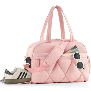 Women's Quilted Puffer Sporty Gym Duffle Bag - Adjustable Strap, Shoe Compartment, Wet Pocket, Waterproof Liner, TSA-Friendly Carry-On Tote for Weekender, Overnight Sport Use, Sporty Gym Bags