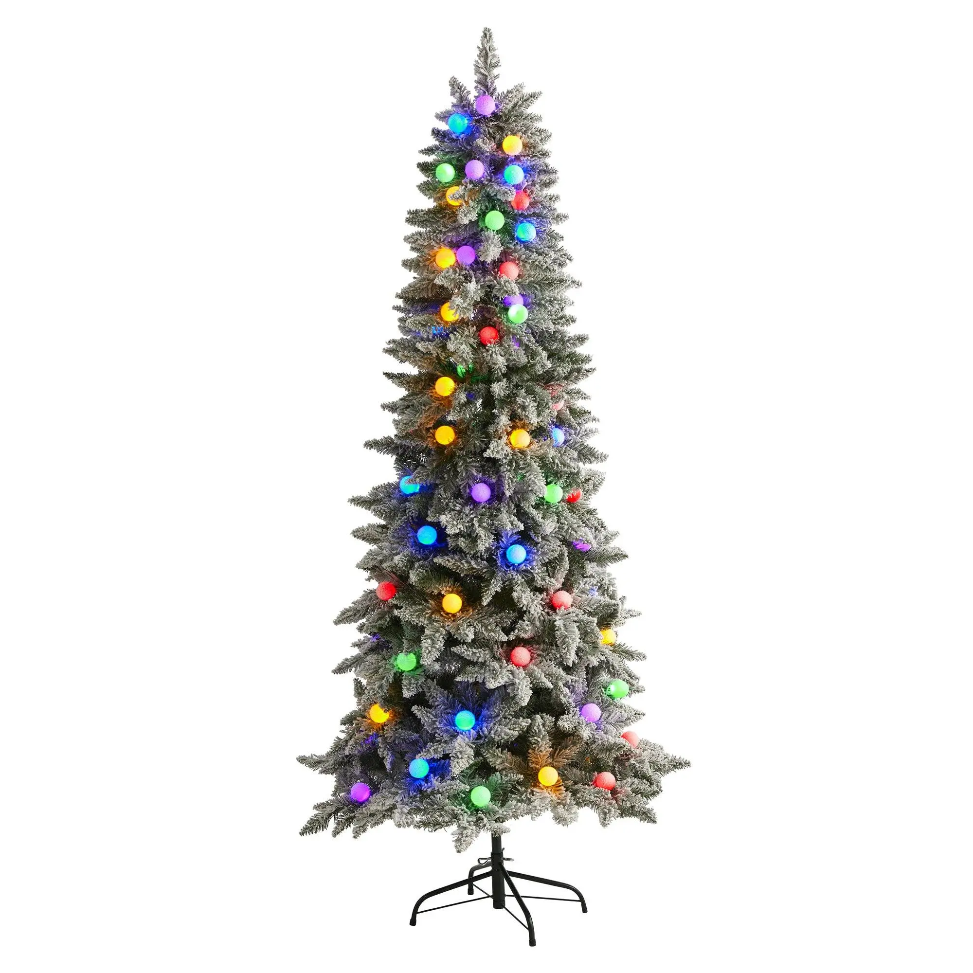 6.5' Flocked British Columbia Mountain Fir Evergreens Artificial Christmas Tree, 75 Multi-Color Globe Bulb Ornaments, 679 Bendable Branches, Long-Lasting Indoor Festive Decoration