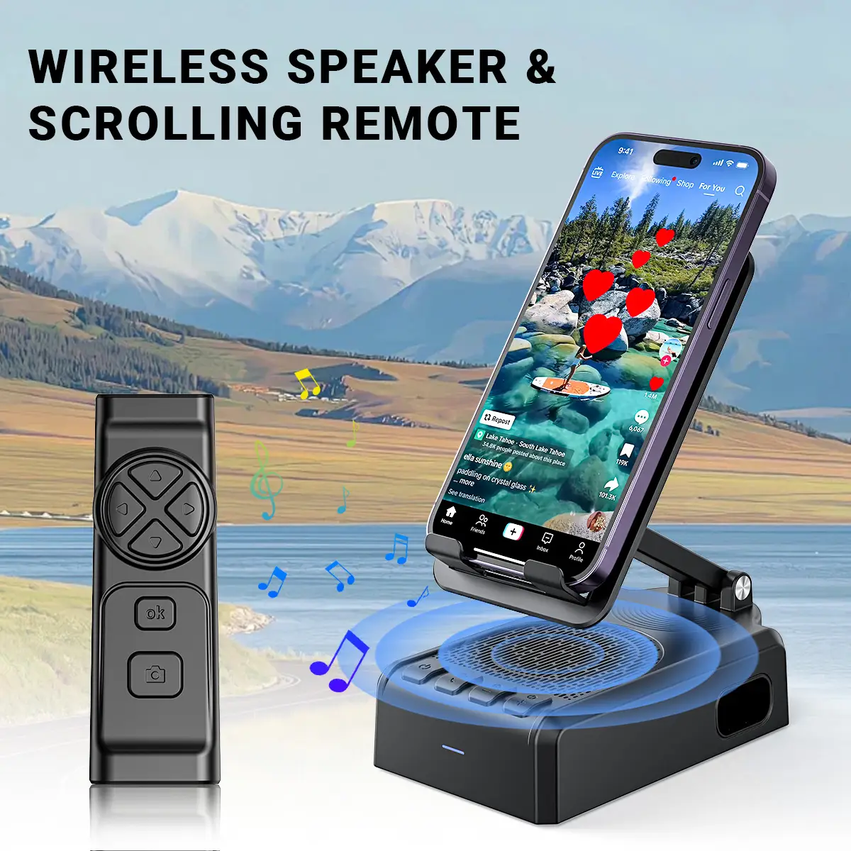 PUTARE Wireless Speaker Cellphone Stand with Remote Control for Tiktok Scrolling, Rechargeable Portable Mobile Tablet Stand, Gifts for Family Friends